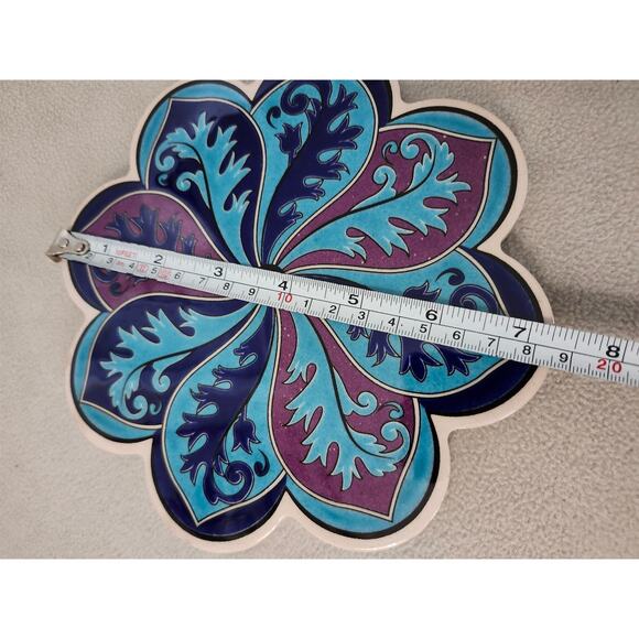 Vintage Turkish Ceramic Art Trivet Hot Plate Blue Swirl Floral Peacock Purple - Picture 6 of 6